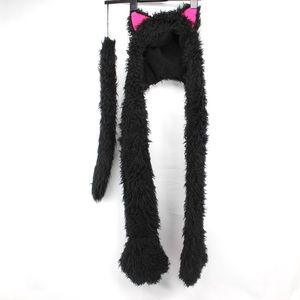 Halloween Costume Black Cat Hood Long Scarf Paw Mitten Gloves Winter Beanie Hat